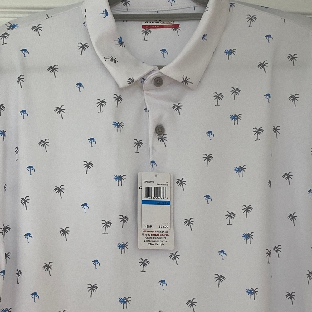 Grand Slam White Polo with Blue Palm Tree Print/flamingoes golf new with tags - Picture 4 of 8